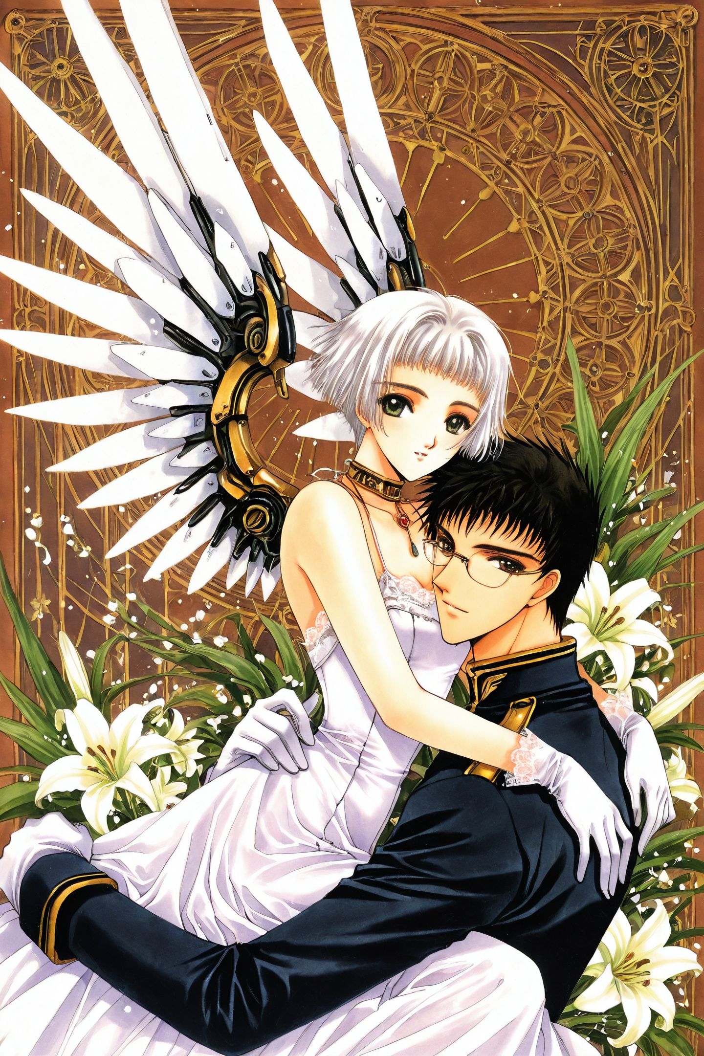 43814-60843356-Kazuhiko Fay Ryu,Sue,1girl,1boy,flower,black hair,white hair,white gloves,glasses,white dress,hug,short hair,traditional media,m.jpg
